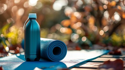 A blue water bottle and a blue yoga mat in a park setting.