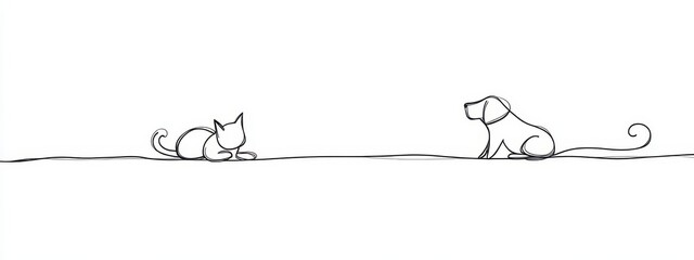 Naklejka na meble Dog cat line pet animal art continuous outline illustration drawing. Cat line simple dog icon silhouette background one sketch logo puppy vet companion doodle canine card business linear minimal.