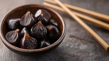 Black garlic cloves arranged in a small dish, with chopsticks nearby, emphasizing its use in Japanese cuisine and health food practices.