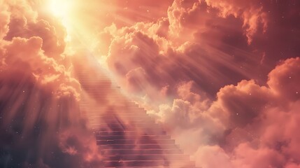 Wall Mural - Stairway Through Clouds Leading To Heavenly Light.