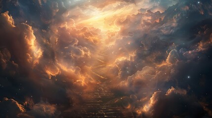 Stairway Through Clouds Leading To Heavenly Light.