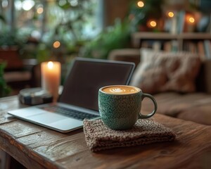 Freelance work from home, with a laptop, coffee, and a comfortable workspace, capturing the essence of remote work, Modern, Warm, Detailed