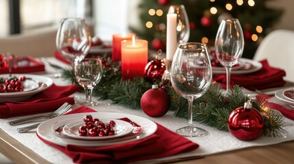 Christmas table setting with red and white decorations, featuring candles, festive napkins, and a centerpiece of pine branches and ornaments.