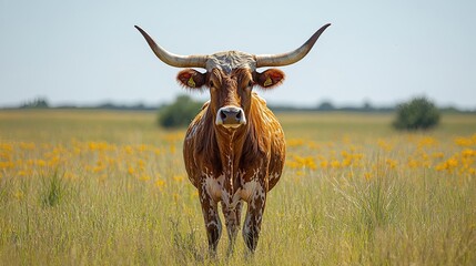 Close up of texas longhorn cattle in ranch pasture.