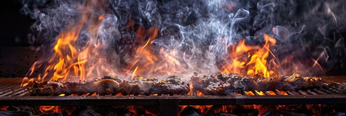 Poster - Outdoor barbecue grill in operation with flames and smoke rising