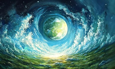 Wall Mural - surreal planet floating in cosmic whirlpool with ai generated.