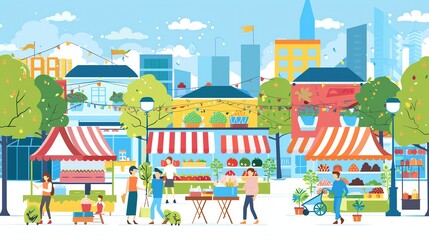 Canvas Print - A colorful illustration of an outdoor market with people shopping for fresh produce.