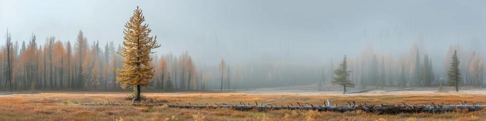 Sticker - Lone Larch and Pine Trees in a Foggy Forest Glade Affected by Bark Beetles