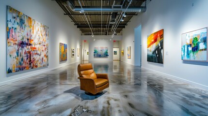 An art gallery with a brown leather chair in the middle of the room.