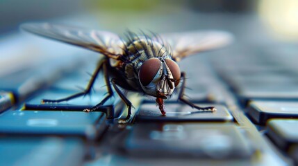 a fly on a laptop keyboard, illustrating the unexpected places pests can be found, emphasizing the i