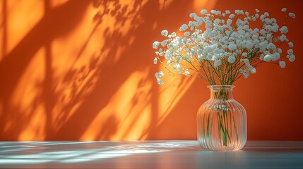 Canvas Print - White flowers in a glass vase against an orange wall with sunlight streaming through a window casting shadows.