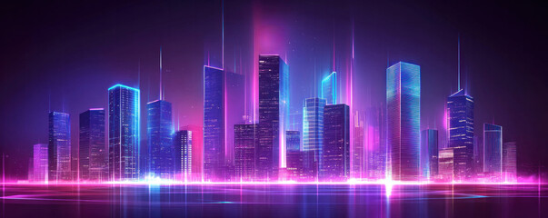 a city skyline with neon lights and a purple background. the city is lit up and he is in the middle 