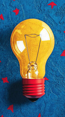 Wall Mural - A yellow light bulb is lit up on a blue background. Concept of creativity and inspiration, as the light bulb is often associated with ideas and innovation