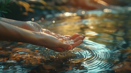 Water pouring on hand in morning ligth background. 