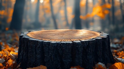 Wall Mural - Wooden tree stump in autumn forest with a blurred background of golden leaves.