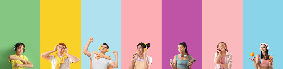 Poster - Set of different people with headphones listening to music on color background