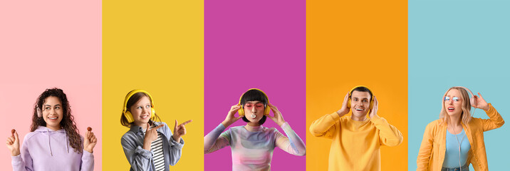 Sticker - Set of different people with headphones listening to music on color background