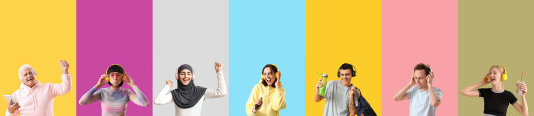 Poster - Set of different people with headphones listening to music on color background