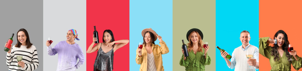 Poster - Set of different people with wine on color background