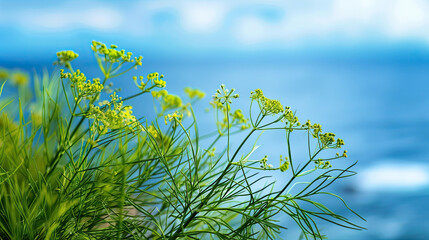 A close-up view of dill sprigs swaying in a seaside herb garden, with the blue ocean and sky softly blurred behind them.