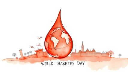 A red blood drop with a world map, illustration of world diabetes day