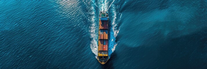 Wall Mural - Container ship navigating swiftly across the sea for cargo transportation and logistics of international goods. Aerial perspective from a drone.