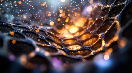 Abstract Macro Shot of a Glowing Web with Bokeh Lights in the Background