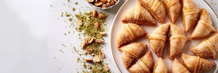 Wall Mural - Crescent-Shaped Qatayef Dessert with Nut Filling on a White Background