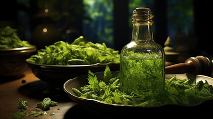 Poster - Bottle with dropper. Glass bottles with medicinal herbs.  