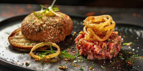 Sticker - Beef tartare with crispy onion rings and toasted bread