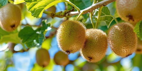 Poster - Ripe kiwi fruits hanging on a branch viewed from below Close up