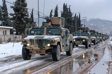 Military convoy traveling on a snowy road in a forested area during winter