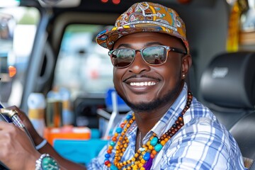 A joyful driver wearing a vibrant hat and sunglasses in a decorated vehicle during a sunny day