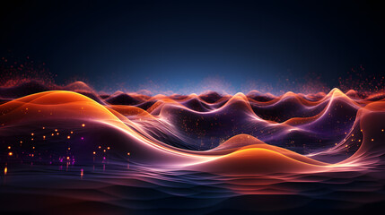 Wall Mural - glowing mauve orange particles curve and lines floating as wave surface, global connecting network, abstract digital mountain landscape, 3d graphic illustration