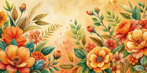 Vintage watercolor botanical flowers and leaves in a vibrant orange hue, botanical, vintage, watercolor, flowers, leaves, orange