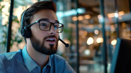 Poster - A man wearing a headset and glasses is talking on the phone