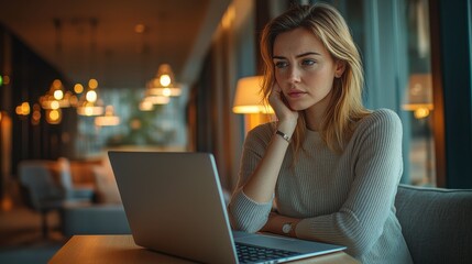 Canvas Print - A woman is sitting at a table with a laptop in front of her