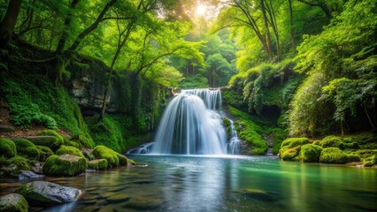 Peaceful flowing waterfall in a lush green forest setting, waterfall, forest, nature, serene, peaceful, tranquil