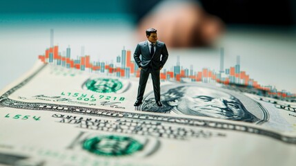 A man stands on top of a stack of one hundred dollar bills