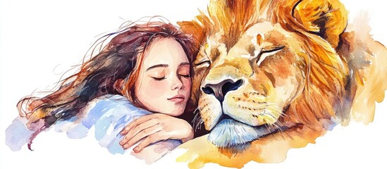 Wall Mural - Watercolor illustration of a lion themed girl in love Hand drawn artwork isolated