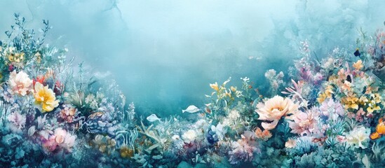 Poster - Watercolor illustration featuring a variety of flowers and stunning marine life