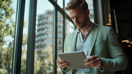 Poster - A man in a green jacket is looking at a tablet