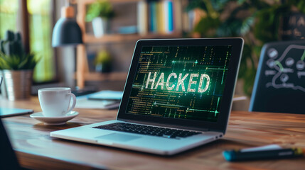 Wall Mural - word hacked displayed on the screen of a laptop on the table in modern office, data breach or cybers