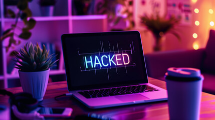 Wall Mural - word hacked displayed on the screen of a laptop on the table in modern office, data breach or cybers