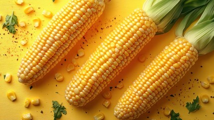 Wall Mural - Three corn cobs on yellow background