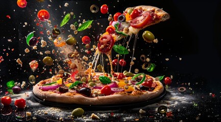 A Pizza Slice Explodes With Fresh Ingredients