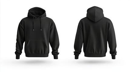 mock up plain black hoodie, seen from the front and back on an isolated white background