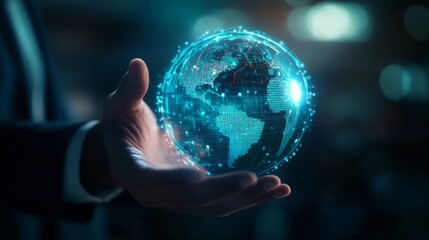 Aufkleber - A visionary businessman extends his hand to a holographic globe, symbolizing cutting-edge global connectivity and the future of globalization. The holographic globe with digital data streams