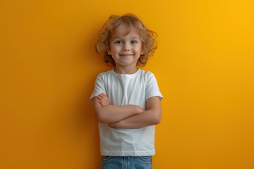 Wall Mural - Happy smiling child with curly hair against yellow background