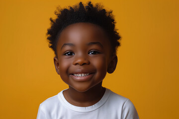 Wall Mural - Smiling African American child in white shirt against yellow background